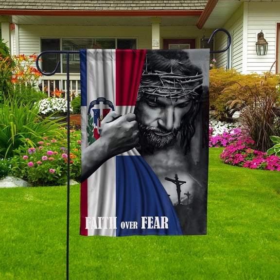 Christian Flags,Faith Over Fear Flag Christian Dominican Dominican Republic With Jesus for Outside Garden Flag, Double-Sided Decorative Outdoor Flag, Patriotic Polyester Yard Flag 12 x 18 in