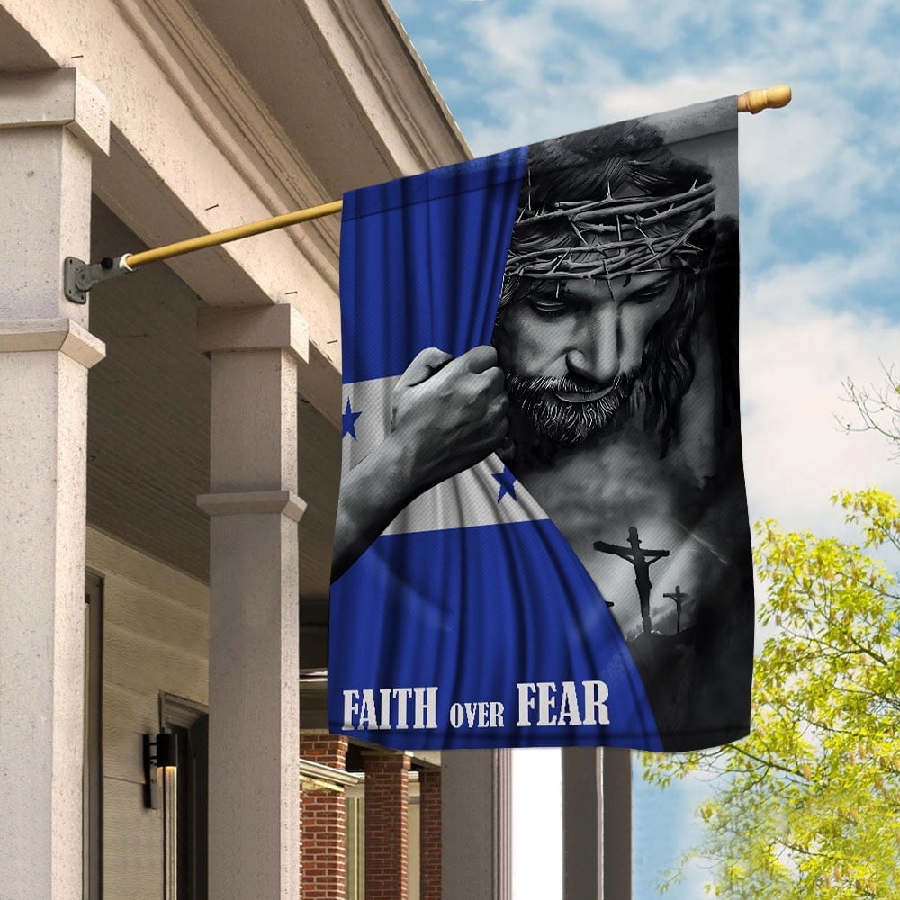Christian Flags,Faith Over Fear Flag Christian Honduran Honduras With Jesus for Outside House Flag, Double-Sided Decorative Outdoor Flag, Polyester Yard Flag 29.5 x 39.5 in