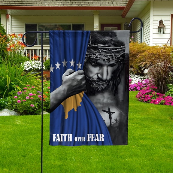 Christian Flags,Faith Over Fear Flag Christian Kosovar Kosovo With Jesus for Outside Garden Flag (11.5x17.5) Double Sided-USA Flags Premium Polyester-Decorative Indoor Outdoor Flag