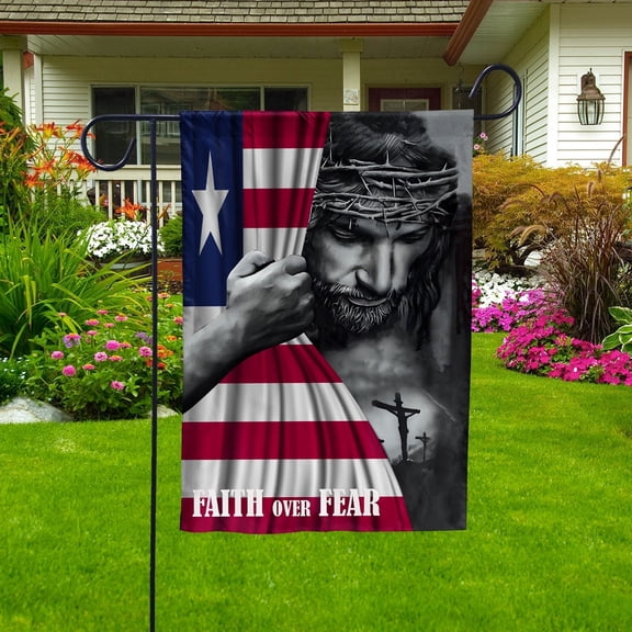 Christian Flags,Faith Over Fear Flag Christian Liberian Liberia With Jesus for Outside Garden Flag, Double-Sided Decorative Outdoor Flag, Patriotic Polyester Yard Flag 12 x 18 in