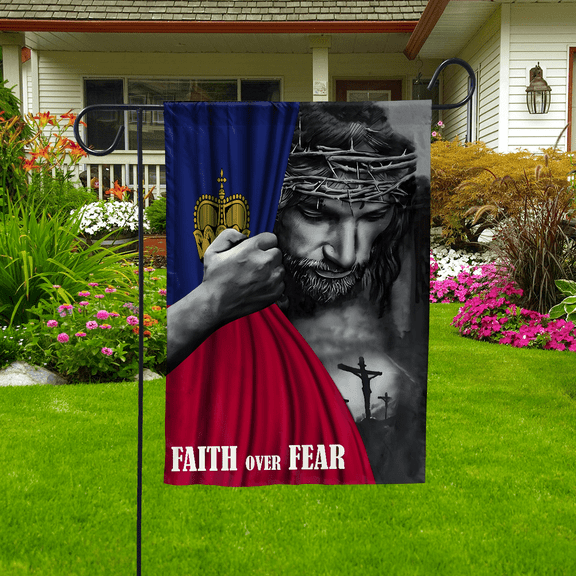 Christian Flags,Faith Over Fear Flag Christian Liechtensteiner Liechtenstein With Jesus for Outside Garden Flag, Double-Sided Decorative Outdoor Flag, Polyester Yard Flag 12 x 18 in