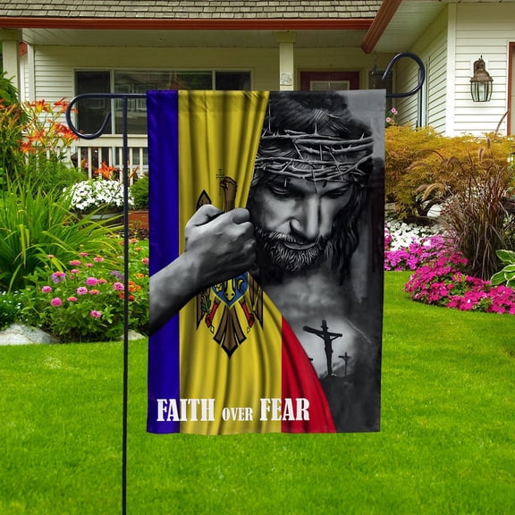Christian Flags,Faith Over Fear Flag Christian Moldovan Moldova With Jesus for Outside Garden Flag, Double-Sided Decorative Outdoor Flag, Patriotic Polyester Yard Flag 12 x 18 in