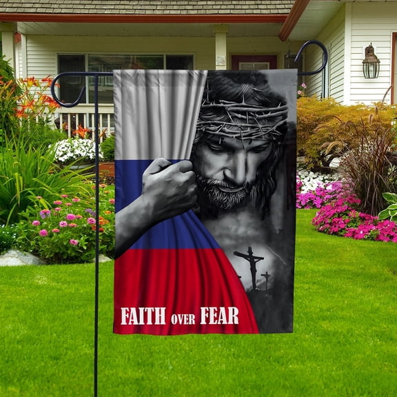 Christian Flags,Faith Over Fear Flag Christian Russian Russia With Jesus for Outside Garden Flag, Double-Sided Decorative Outdoor Flag, Patriotic Polyester Yard Flag 12 x 18 in