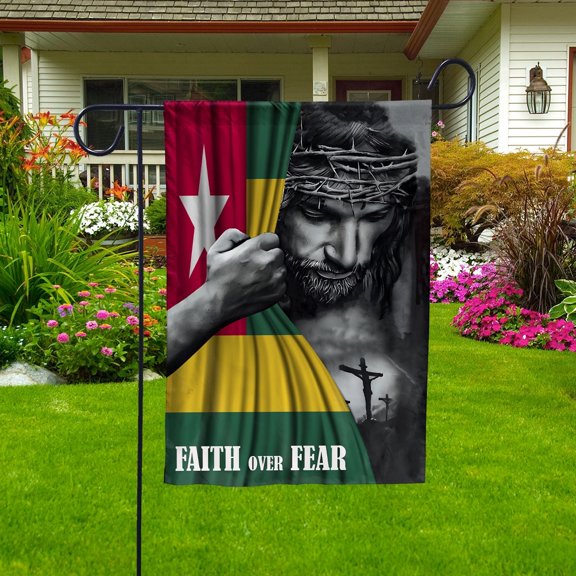 Christian Flags,Faith Over Fear Flag Christian Togolese Togo With Jesus for Outside Garden Flag, Double-Sided Decorative Outdoor Flag, Patriotic Polyester Yard Flag 11.5 x 17.5 in
