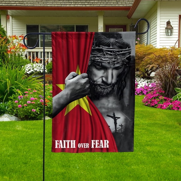 Christian Flags,Faith Over Fear Flag Christian Vietnamese Vietnam With Jesus for Outside Garden Flag, Double-Sided Decorative Outdoor Flag, Patriotic Polyester Yard Flag 12 x 18 in