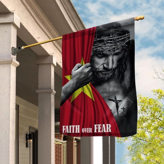 Christian Flags,Faith Over Fear Flag Christian Vietnamese Vietnam With Jesus for Outside House Flag, Double-Sided Decorative Outdoor Flag, Patriotic Polyester Yard Flag 29.5 x 39.5 in