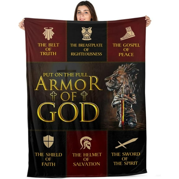 Christian Fleece Blanket - Full Armor of God with Lion & Cross - Get Well Soon Healing Gifts for Faith Women - Inspirational Gifts for Mom, Grandma, Sister, Friends (Size 30x40 in)