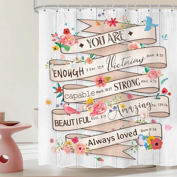 Christian Floral Bible Verse Shower Curtain Rustic Flower Quotes Inspirational You are Wooden Scripture Cloth Fabric Waterproof Polyester Bathroom Home Decor Set with Hooks-72"W x 74"L (Pack of 1)