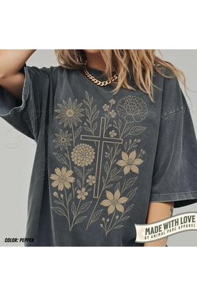 Christian Floral Cross Graphic Religious Faith Sacred Apparel T-shirt