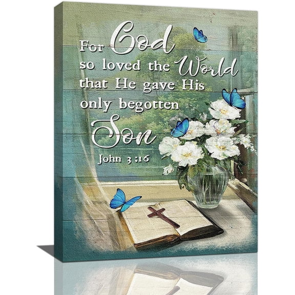 Christian Floral Decor Wall Art Scripture Bible Verse Butterfly Flower Pictures Rustic Religious Canvas Painting Framed Artwork for Bathroom Bedroom Living Room 12''''x16''''