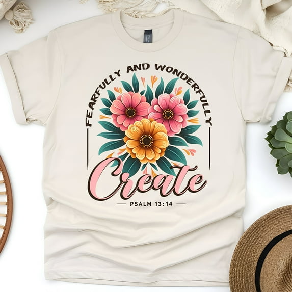 Christian Floral Graphic T-Shirt Fearfully and Wonderfully Made, Natural, Size 2XL