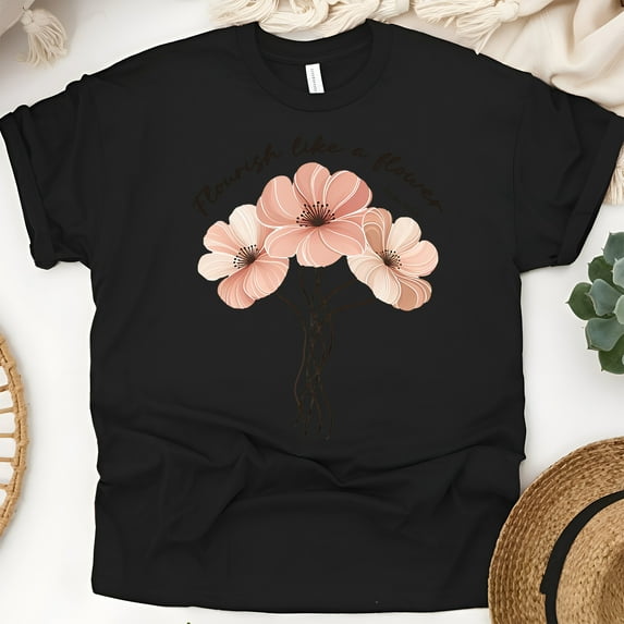Christian Floral Graphic T-Shirt Flourish Like a Flower Psalm 103:15, Black, Size S