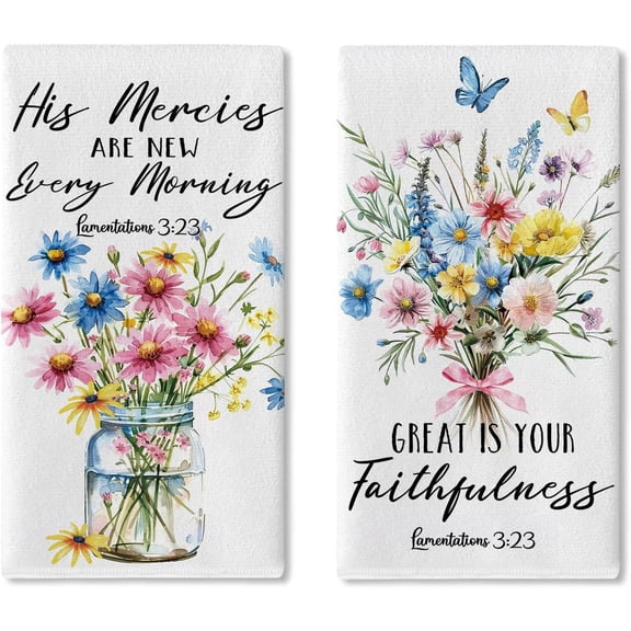 Christian Floral Kitchen Dish Towels Set of 2, Religious Flower Jar Bible Verse Drying Hand Towel Baking Cooking Cloth, His Mercies are New Every Morning Scripture Bathroom Home Decor 18''x26''