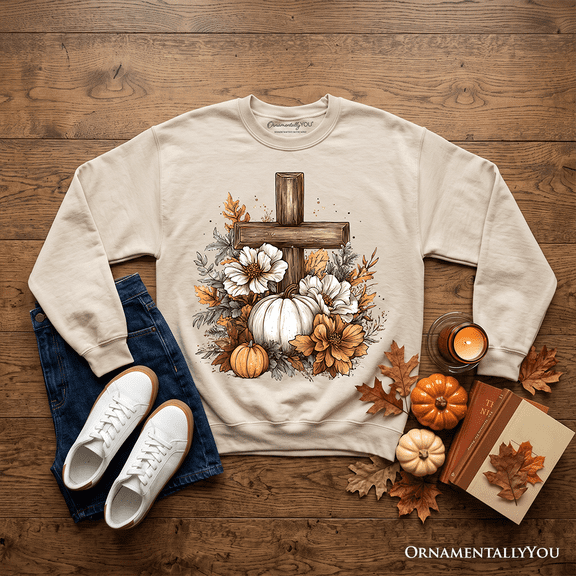Christian Floral Pumpkin Cross Sweatshirt, Boho Religious Fall Sweater