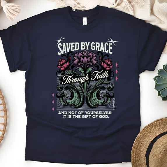 Christian Floral T-Shirt – Saved by Grace Through Faith, Ephesians 2:8 Scripture Tee, Navy, Size L