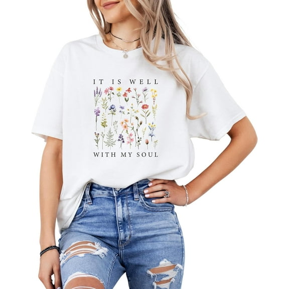 Christian Floral T-Shirt for Women, Faith-Based Short Sleeve Tee, 100% Cotton Inspirational Religious Shirt Tops Tee