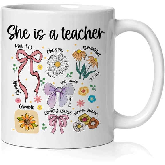 Christian Floral Teacher Mug, Teachers Appreciation Gifts Coffee Cup Ceramic, Coquette Bow Flower Teacher Bible Verse Ceramic Coffee Tea Mug 11 oz