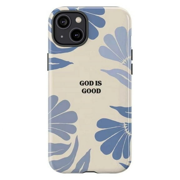 Christian Floral iPhone Case, “God Is Good” Quote with Minimalist Blue Daisy Design – Faith Based Aesthetic Phone Cover for iPhone 16 15 14 13 12 11 Pro Max Plus Mini
