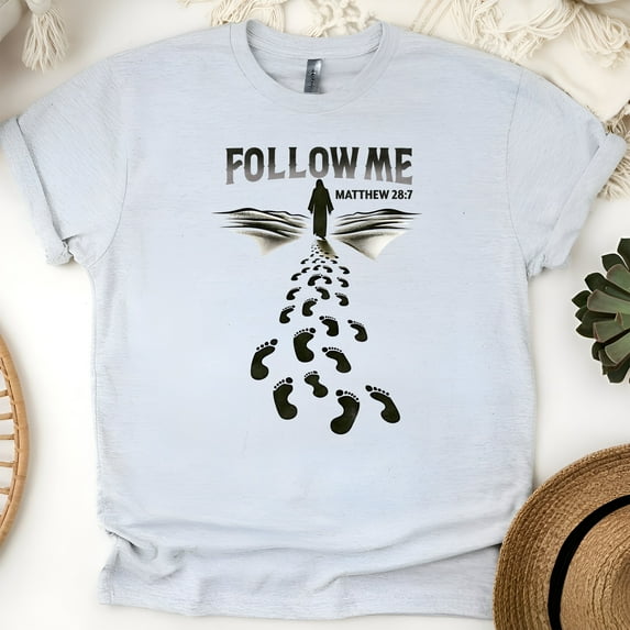 Christian Footsteps Graphic T-Shirt Follow Me Matthew 28:7, Ash, Size L