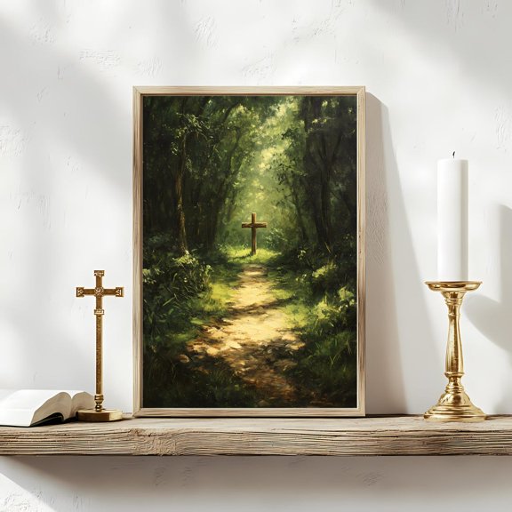 Christian Forest Path Spiritual Cross Landscape Art, Unframed Canvas 16x20in