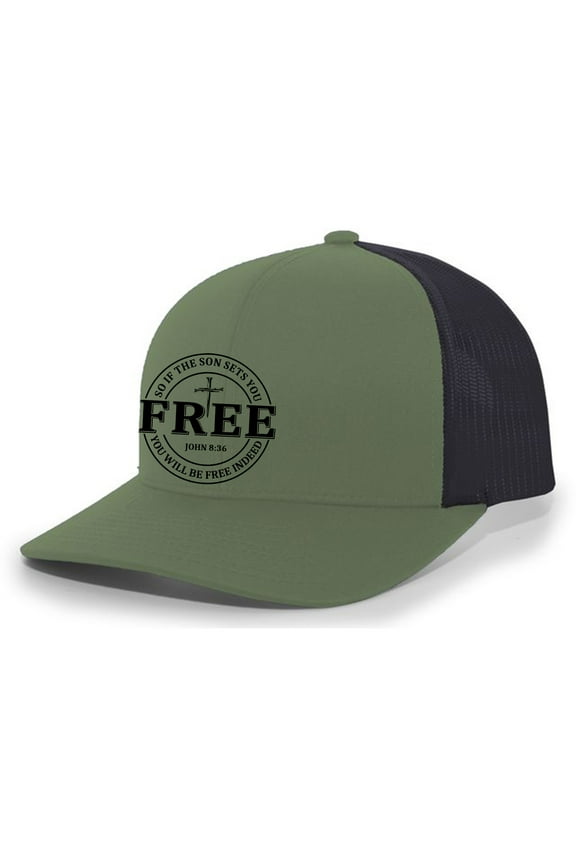 Christian Free Indeed John 8:36 Nail Cross Jesus Mens Mesh Back Trucker Hat Baseball Cap, Loden/Black