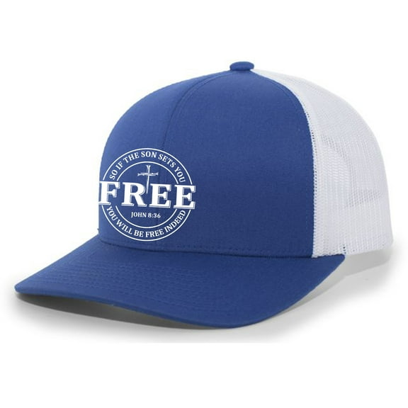 Christian Free Indeed John 8:36 Nail Cross Jesus Mens Mesh Back Trucker Hat Baseball Cap, Royal/White