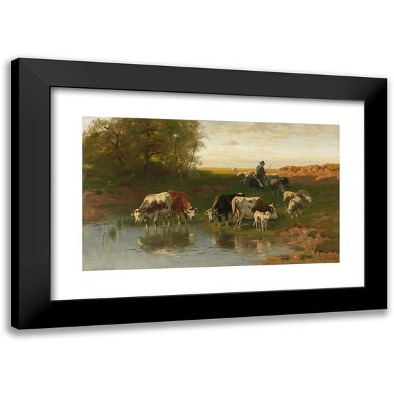 Christian Friedrich Mali 14x10 Black Modern Framed Museum Art Print Titled - Cattle with Shepherd on the Ford (1890)
