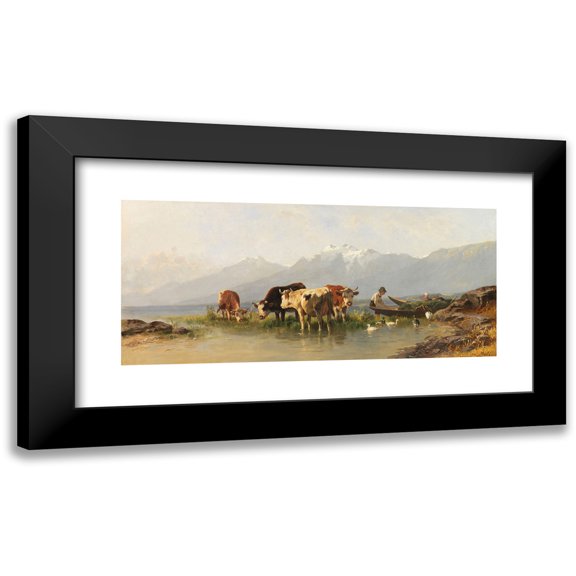 Christian Friedrich Mali 14x8 Black Modern Framed Museum Art Print Titled - Bauer and Farmer with Geese and Cows on Lake Achensee (1887)