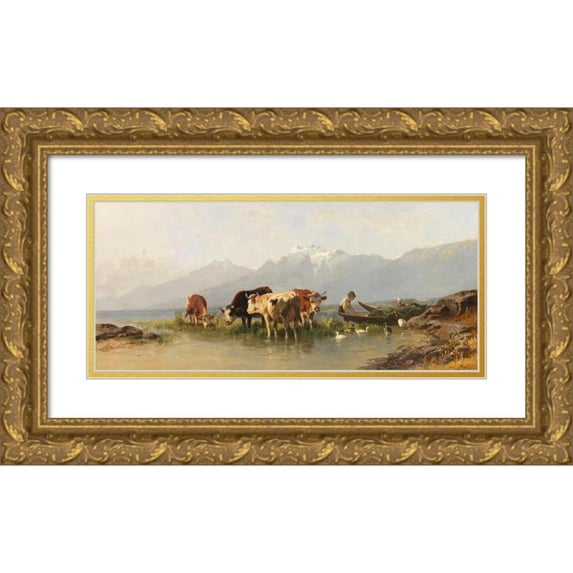 Christian Friedrich Mali 24x13 Gold Ornate Framed and Double Matted Museum Art Print Titled - Bauer and Farmer with Geese and Cows on Lake Achensee (1887)