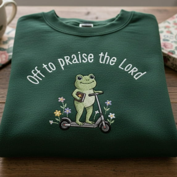 Christian Frog Embroidered Sweatshirt, Off To Praise The Lord Clothing, Bible Verse Crewneck, Faith Humor Gift For Her