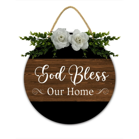 Christian Front Door Decor, God Bless Our Home Welcome Sign, Inspirational Home Decor, Farmhouse Door Decorations Hanging, Rustic Wreath, Gift For Woman, Housewarming Gift Wall Plaque 12 Inch