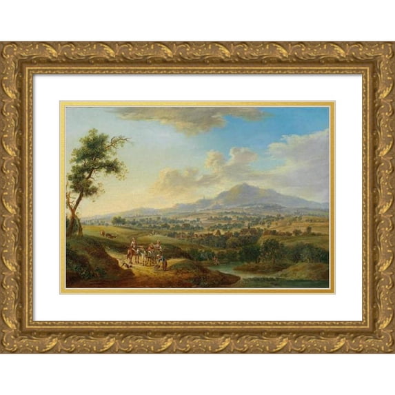Christian Georg Schütz the elder 18x14 Gold Ornate Wood Frame and Double Matted Museum Art Print Titled - A Hilly River Landscape with Market Drivers and Anglers