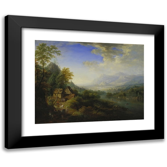 Christian Georg Schütz the elder 14x12 Black Modern Framed Museum Art Print Titled - Landscape with River (1765)