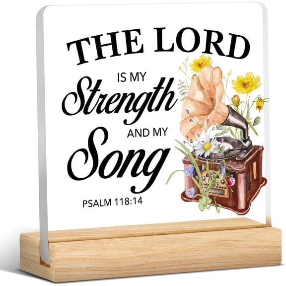 Christian Gifts Bible Verse the Lord Is My Strength Clear Desk Decorative Sign Psalm 118:14 Flowers Acrylic Plaque With Wooden Stand 4x4 Inch Sign Home Desk Decor