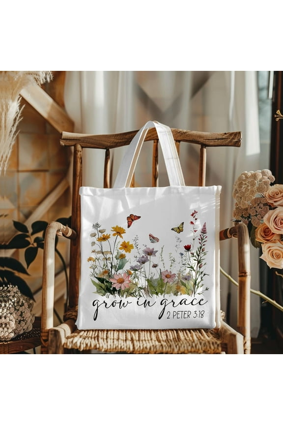 Christian Gifts Canvas Tote Bag Aesthetic for Women, Grow in Grace Wildflowers Butterfly Design, Religious Birthday Gifts Reusable Grocery Shopping Bags