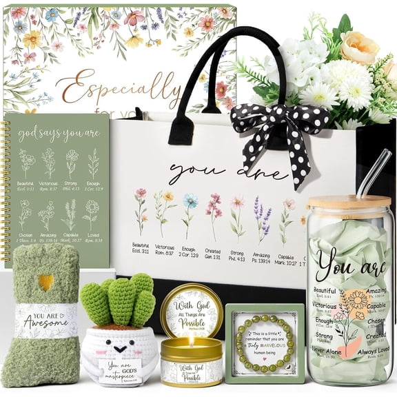 Christian Gifts for Christians Women Faith, Religious Inspirational Easter Gifts for Catholic Women, Easter Basket Birthday Set for Her Mom Sister Grandma Wife w/ Canvas Tote Bag