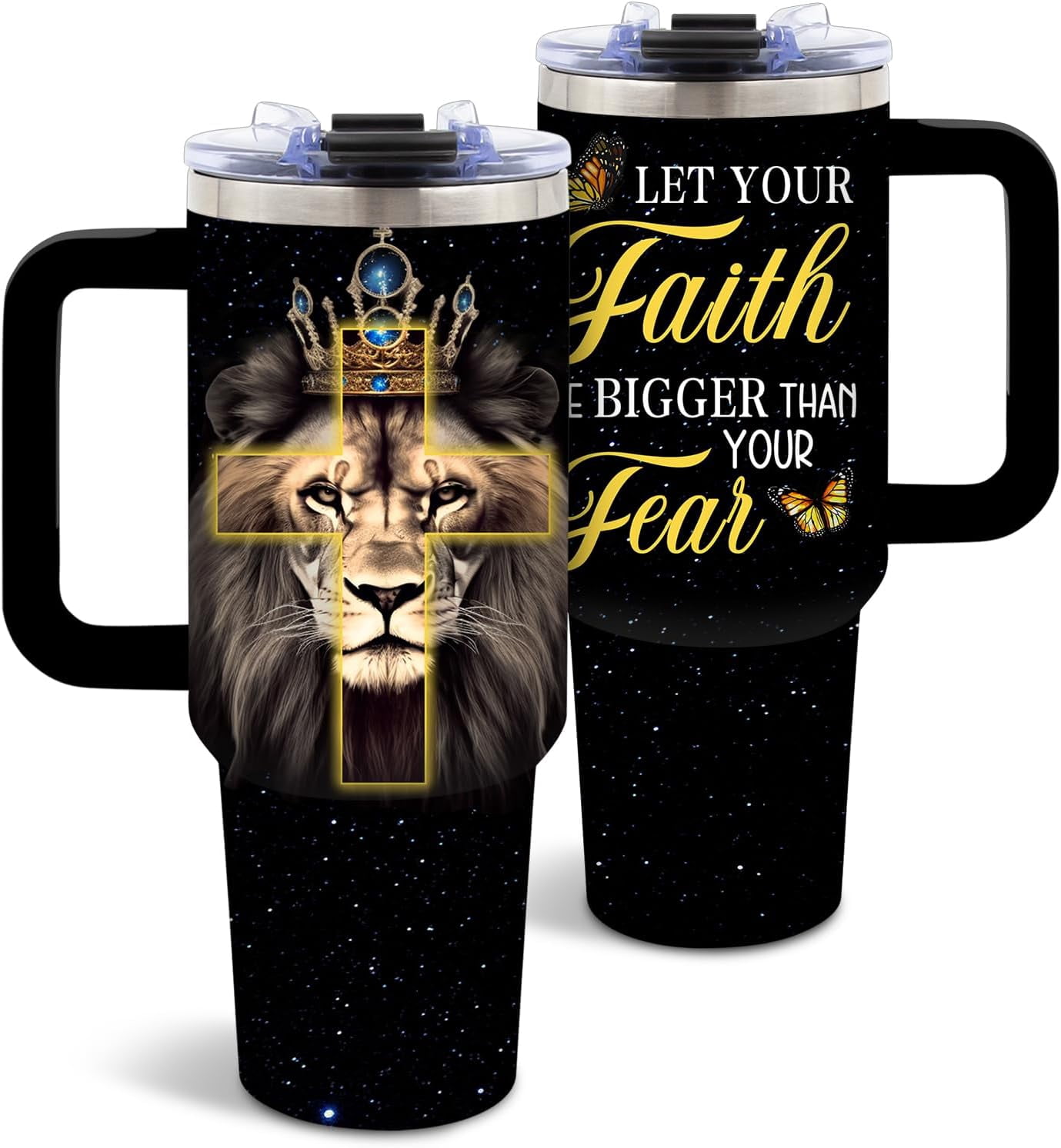 Christian Gifts for Men, Christian Tumbler 40 Oz With Handle and Straw, Inspirational Religious Gifts for Faith Lovers, Faith Over Fear Gift Tumbler for Christmas Thanksgiving, 1PCS
