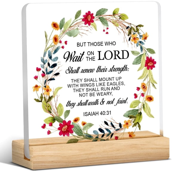 Christian Gifts Religious Bible Verses Clear Desk Decorative Sign Isaiah 40:31 But Those Who Wait Upon the Lord Floral Faith Acrylic Plaque With Wooden Stand 4x4 Inch Sign Home Desk Decor