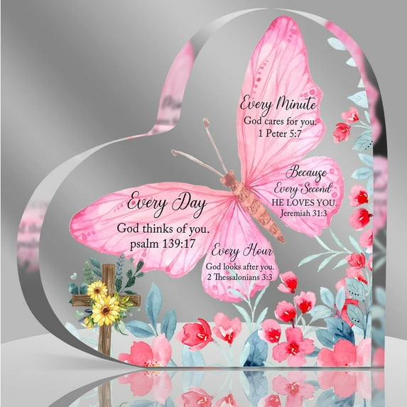 Christian Gifts Religious Scripture Gifts for Women Bible Verse Inspirational Heart Shaped Acrylic Desk Decor Perfect Birthday Present for Women of Faith Because Every Second He Loves 5.9x5.9 Inch