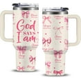 thumbnail image 1 of Christian Gifts for Women, 40 oz God Says You Are Pink Tumbler with Handle, Inspirational Religious Birthday Gifts, Spiritual Catholic Faith Jesus Bible God Prayer Gift for Pink Bow Christian Cup, 1 of 5