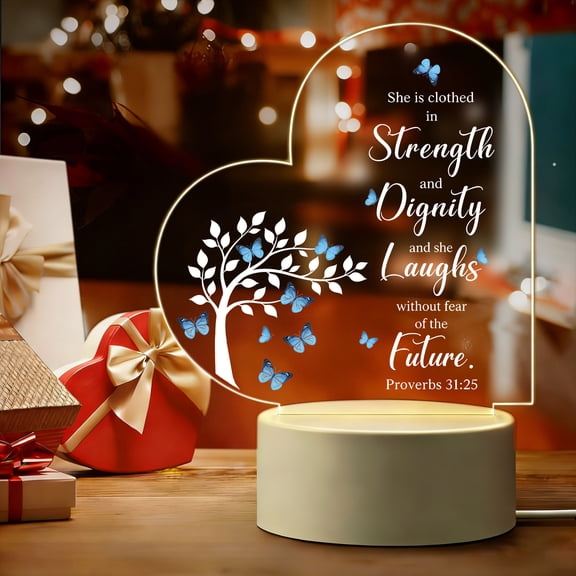 Christian Gifts for Women Girls She is Clothed in Strength Proverbs 31:25 Acrylic Heart LED Night Light Religious Spiritual Gift for Female Coworker Friend Bible Verse Sign
