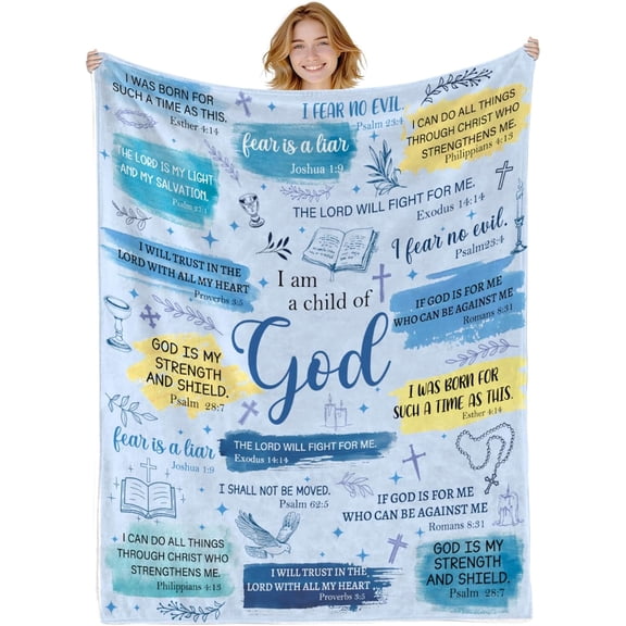 Christian Gifts for Women, I am A Child of God Blanket 50 * 60 Blue, Inspirational Catholic Spiritual Baptism Confirmation Gift,Christian Religious Birthday Gift for Women Men Same-design printed bag