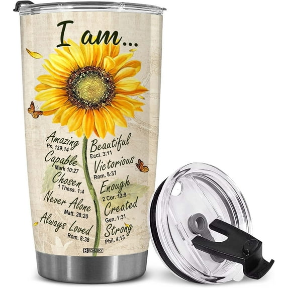 Christian Gifts For Women Tumbler, Birthday Gift For Women, Unique Christian Tumbler, Religious Gifts For Women, Inspirational Gifts For Women, Bible Verse Sunflower Faith Girl Mom 20OZ I Am
