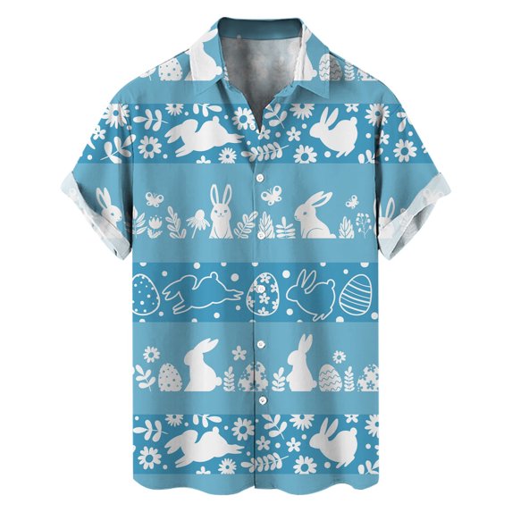 Christian Gifts for Men Cute Rabbit Print Short Sleeve Summer Shirt for Men,Blue,L