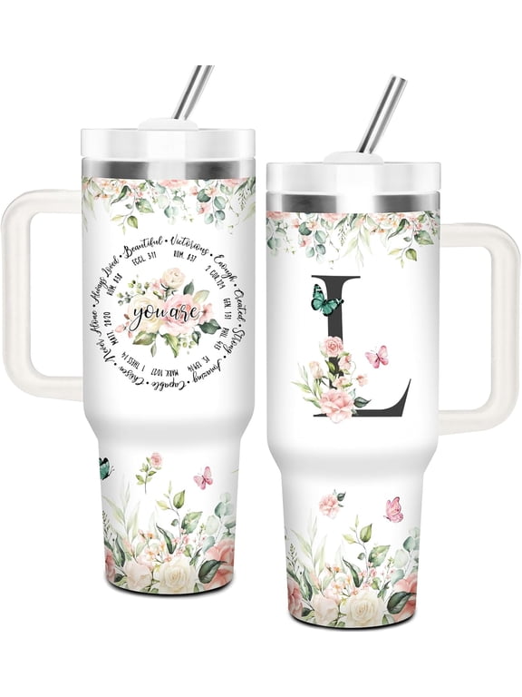 Christian Gifts for Women, Initial L Tumbler 40Oz with Handle and Straw, Religious Inspirational Gifts for Women Christmas Birthday