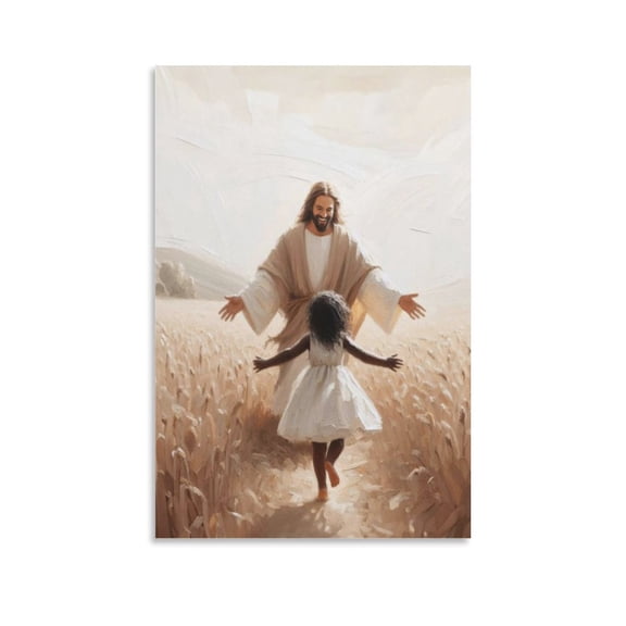 Christian Girl's Room Wall Art Jesus Christ And Black Girl Canvas Print Jesus And Black Child Poster Image Wall Art Poster Scroll Canvas Painting Picture Living Room Decor Home 20x30inch(50x75cm)