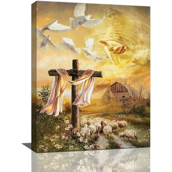 Christian God Hand Cross Dove Decor Wall Art Rustic Christ Jesus Barn Lamb Religious Pictures Wall Decor Canvas Painting Prints Artwork Decorations Framed for Church Bathroom Kitchen 12"x16"
