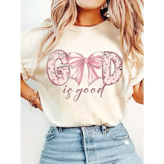 Christian "God Is Good" Bible Verse T-Shirt with Floral Bow Design, Soft Round Neck Short Sleeve