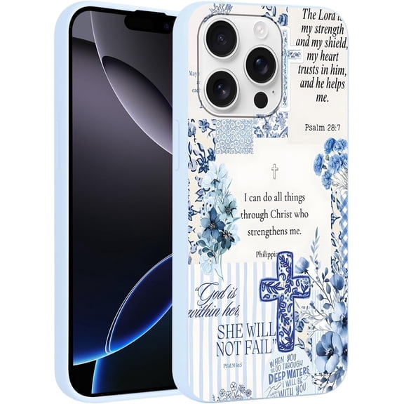 Christian God Phone Case for iPhone 16 Pro 6.3", Western Aesthetic Jesus Verse Bible Cross Design, Floral Flower Print Pattern Cover for Women Man, Soft TPU Protection for iPhone16 Pro, Blue
