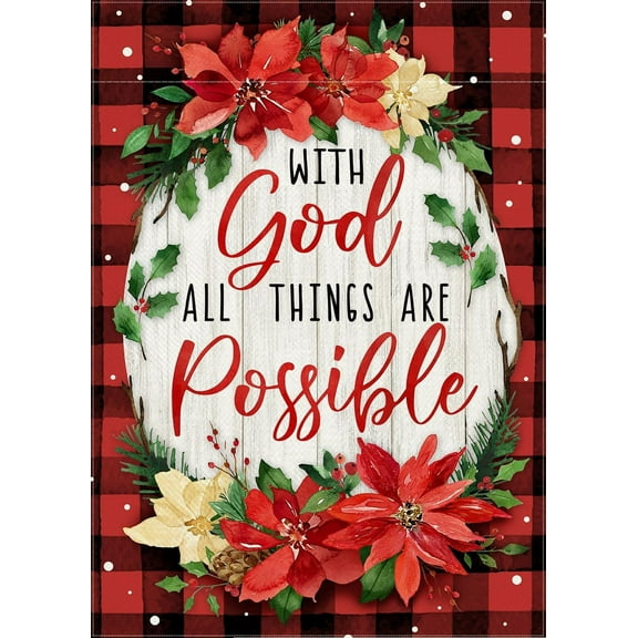 Christian With God All Things are Possible Decorative Garden Flag, Religious Christmas Poinsettia Flower Plaid Yard Outside Decorations, Xmas Holiday Farmhouse Outdoor Small Home Decor 12.5x18